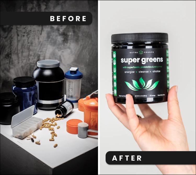 NutraChamps | Image | Hero | Before-After | Supplements to Supergreens X1 Tub